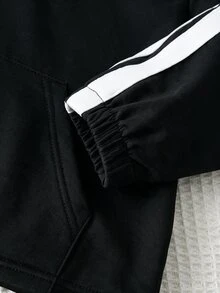 SHEIN 2件組兒童小男孩休閒日常百搭舒適拼接連帽半拉鍊套頭寬鬆長袖外套與寬鬆收口長褲梭織兩件套，適合學校、花園、海灘、生日，春/夏 - 黑色 - 查看 3