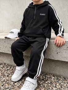SHEIN 2件組兒童小男孩休閒日常百搭舒適拼接連帽半拉鍊套頭寬鬆長袖外套與寬鬆收口長褲梭織兩件套，適合學校、花園、海灘、生日，春/夏 - 黑色 - 查看 1