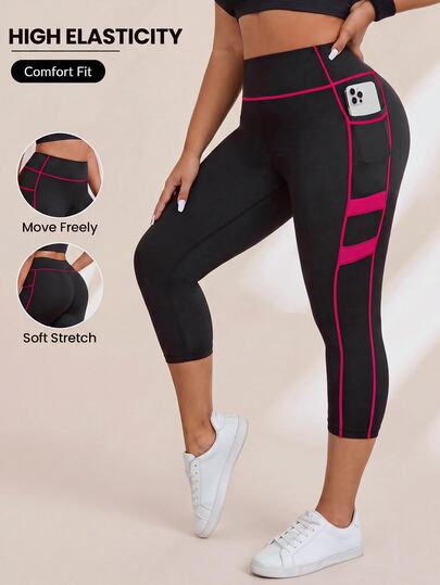 Rhythm Era Plus Size Contrast Stitch Wide Waistband Sports Leggings With Phone Pocket Yoga Women Pants