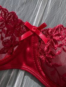 SHEIN 紫色浪漫田園風女款刺繡兩件式性感套裝 - 酒紅色 - 查看 4