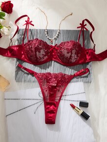 SHEIN 紫色浪漫田園風女款刺繡兩件式性感套裝 - 酒紅色 - 查看 3