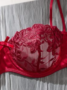 SHEIN 紫色浪漫田園風女款刺繡兩件式性感套裝 - 酒紅色 - 查看 6