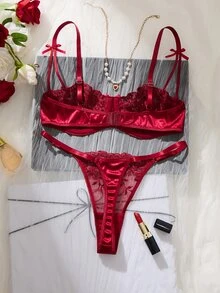 SHEIN 紫色浪漫田園風女款刺繡兩件式性感套裝 - 酒紅色 - 查看 2