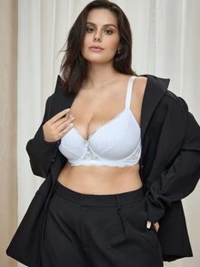 Bralution 2 件套女士加大码简约蕾丝拼接钢圈可调节内衣文胸，提升 - 黑與白 - 查看 8