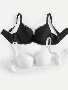 Bralution 2 件套女士加大码简约蕾丝拼接钢圈可调节内衣文胸，提升 - 黑與白 - 查看 10