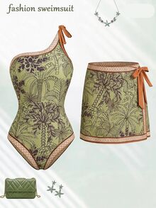 Swim Oasis 女士热带花鸟印花连体泳衣，带裙摆，休闲挂脖式度假沙滩装 - 彩色 - 查看 1