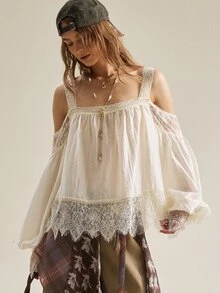 SoleilVie Women's Elegant Lace Patchwork Cold Shoulder Design Long Sleeve Top - Apricot - View 2