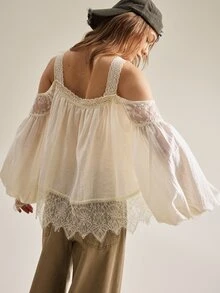 SoleilVie Women's Elegant Lace Patchwork Cold Shoulder Design Long Sleeve Top - Apricot - View 1