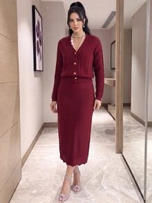 Feyla Women's Solid Color Long Sleeve Top And Skirt Knit Set - Burgundy - View 5