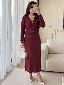 Feyla Women's Solid Color Long Sleeve Top And Skirt Knit Set - Burgundy - View 3
