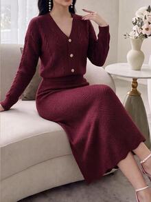 Feyla Women's Solid Color Long Sleeve Top And Skirt Knit Set - Burgundy - View 2