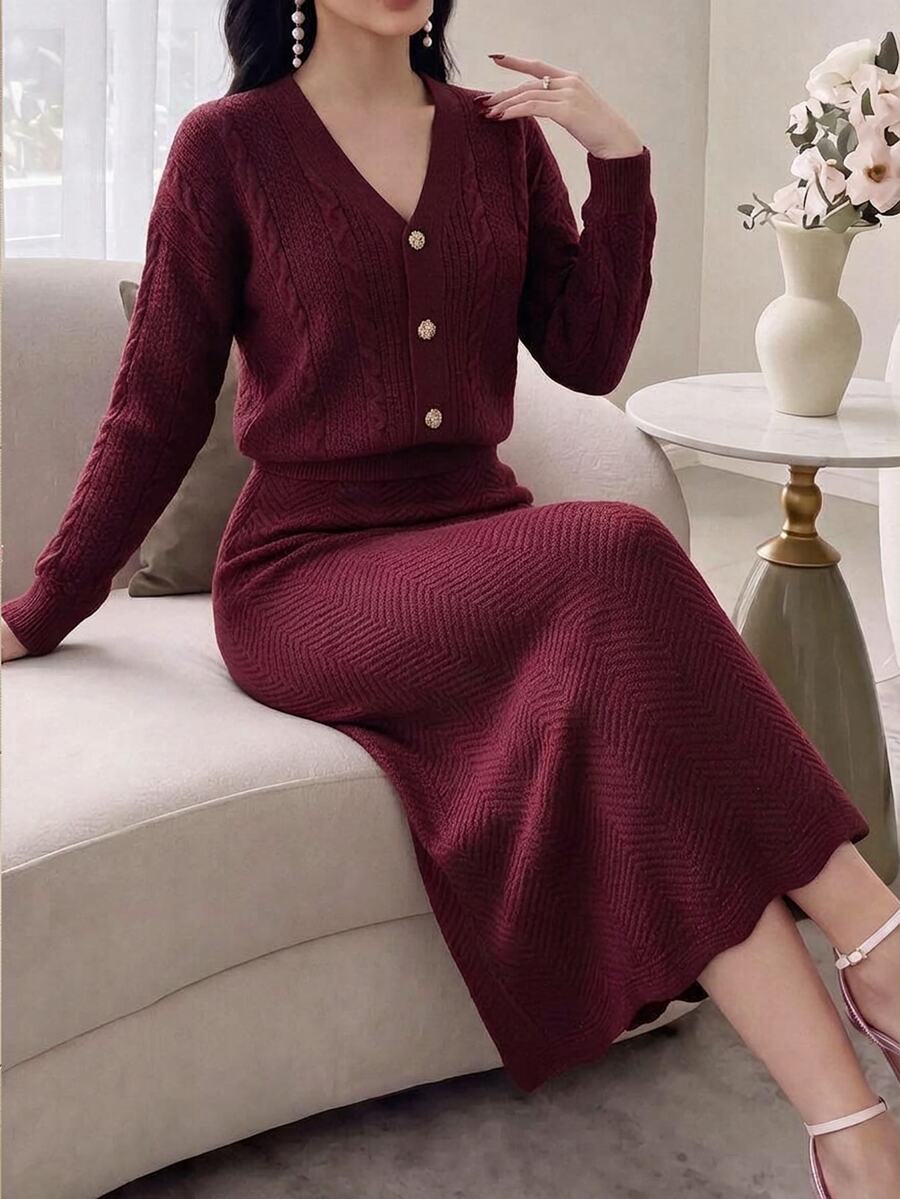 Feyla Women's Solid Color Long Sleeve Top And Skirt Knit Set - Burgundy - View 1