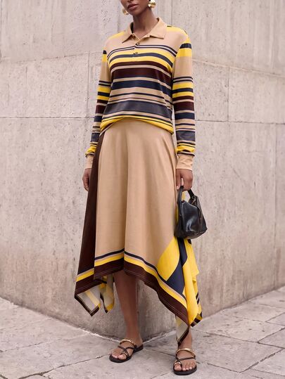 Zivah 2026 New Casual Vacation Elegant Women's Multi-Color Striped Print Shirt Top With Asymmetric Hem Skirt, Long Sleeve Elegant Sporty Skirt Set, Suitable For Multiple Occasions, Elegant Women's Autumn Versatile Bohemian Commute Travel Party Gathering Outfit