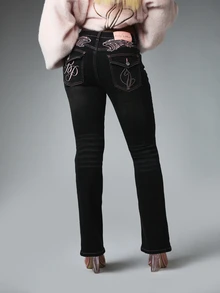 BABYPHAT Women's Casual Daily Travel Denim Jeans With Pockets And Buttons - Black - View 2