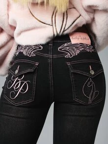 BABYPHAT Women's Casual Daily Travel Denim Jeans With Pockets And Buttons - Black - View 1