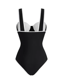 Swim Oasis SS2025 女款春夏海灘泳裝，純色連身泳衣+多層式裙襬，黑白配色 - 黑與白 - 查看 4