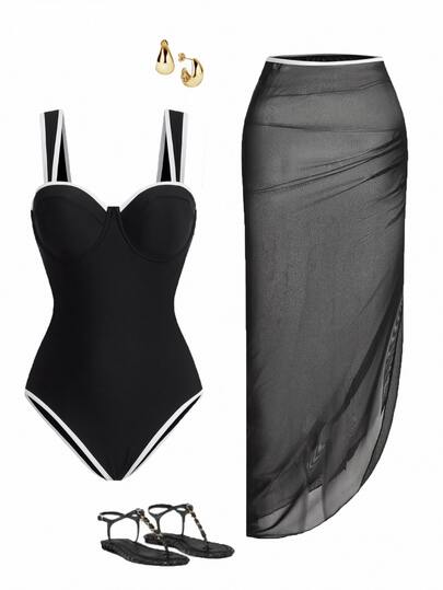 Swim Oasis SS2025 Traje de baño de playa para mujer primavera/verano, traje de baño de una pieza de unicolor + falda multicapa, color negro y blanco