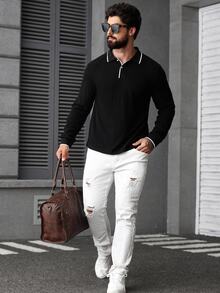 Manfinity CasualCool Men's Fashion Casual Knitted Ribbed Button-Up Polo Shirt,Black Long Sleeve Autumn,Hiking,Outdoor Activities,Gift,Black And White Checkered - Black - View 5