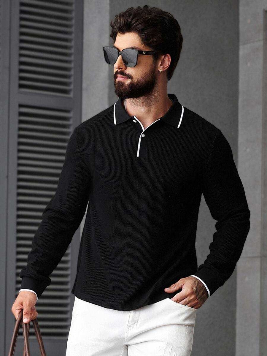 Manfinity CasualCool Men's Fashion Casual Knitted Ribbed Button-Up Polo Shirt,Black Long Sleeve Autumn,Hiking,Outdoor Activities,Gift,Black And White Checkered - Black - View 1
