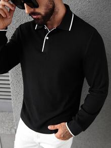 Manfinity CasualCool Men's Fashion Casual Knitted Ribbed Button-Up Polo Shirt,Black Long Sleeve Autumn,Hiking,Outdoor Activities,Gift,Black And White Checkered - Black - View 6