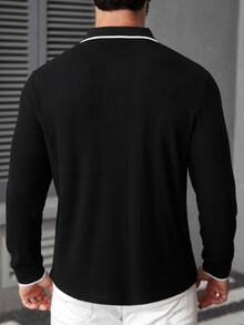 Manfinity CasualCool Men's Fashion Casual Knitted Ribbed Button-Up Polo Shirt,Black Long Sleeve Autumn,Hiking,Outdoor Activities,Gift,Black And White Checkered - Black - View 8
