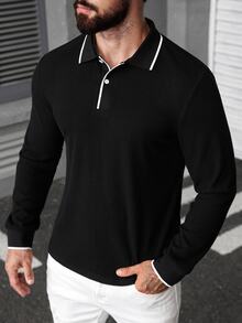 Manfinity CasualCool Men's Fashion Casual Knitted Ribbed Button-Up Polo Shirt,Black Long Sleeve Autumn,Hiking,Outdoor Activities,Gift,Black And White Checkered - Black - View 4
