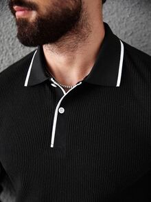 Manfinity CasualCool Men's Fashion Casual Knitted Ribbed Button-Up Polo Shirt,Black Long Sleeve Autumn,Hiking,Outdoor Activities,Gift,Black And White Checkered - Black - View 7