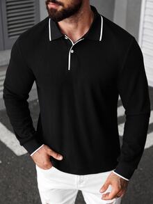 Manfinity CasualCool Men's Fashion Casual Knitted Ribbed Button-Up Polo Shirt,Black Long Sleeve Autumn,Hiking,Outdoor Activities,Gift,Black And White Checkered - Black - View 3