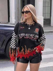 SHEIN ICON 大碼格紋字母圖案落肩破洞毛衣 度假 正式 外出 黑色 秋季 頹廢風 新穎 反社交 休閒 - 彩色 - 查看 1