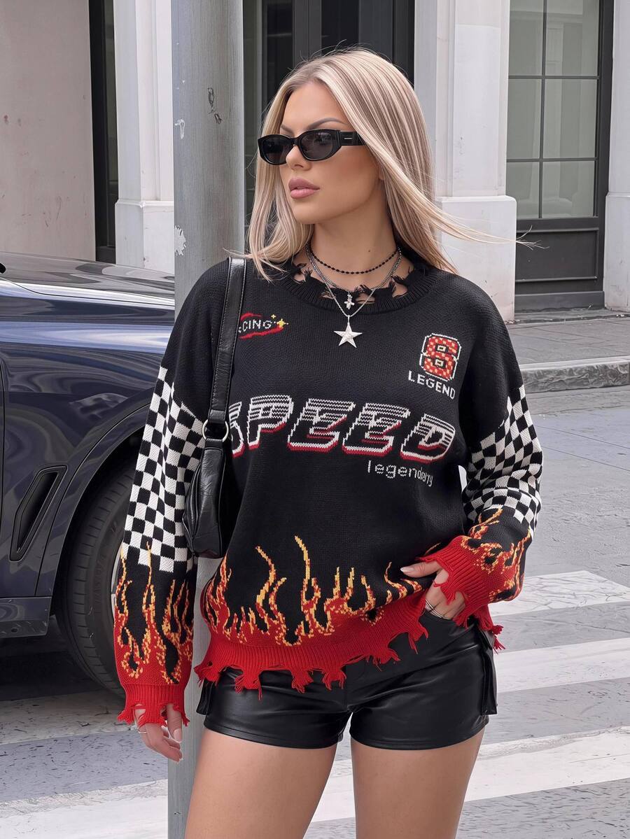SHEIN ICON 大碼格紋字母圖案落肩破洞毛衣 度假 正式 外出 黑色 秋季 頹廢風 新穎 反社交 休閒 - 彩色 - 查看 1