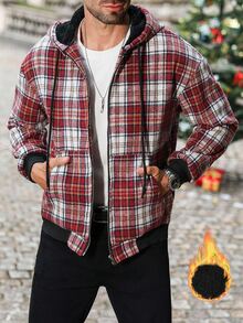 Manfinity CasualCool Men's Autumn Plaid Long Sleeve Zip Front Drawstring Hooded Jacket, Christmas - Multicolor - View 3