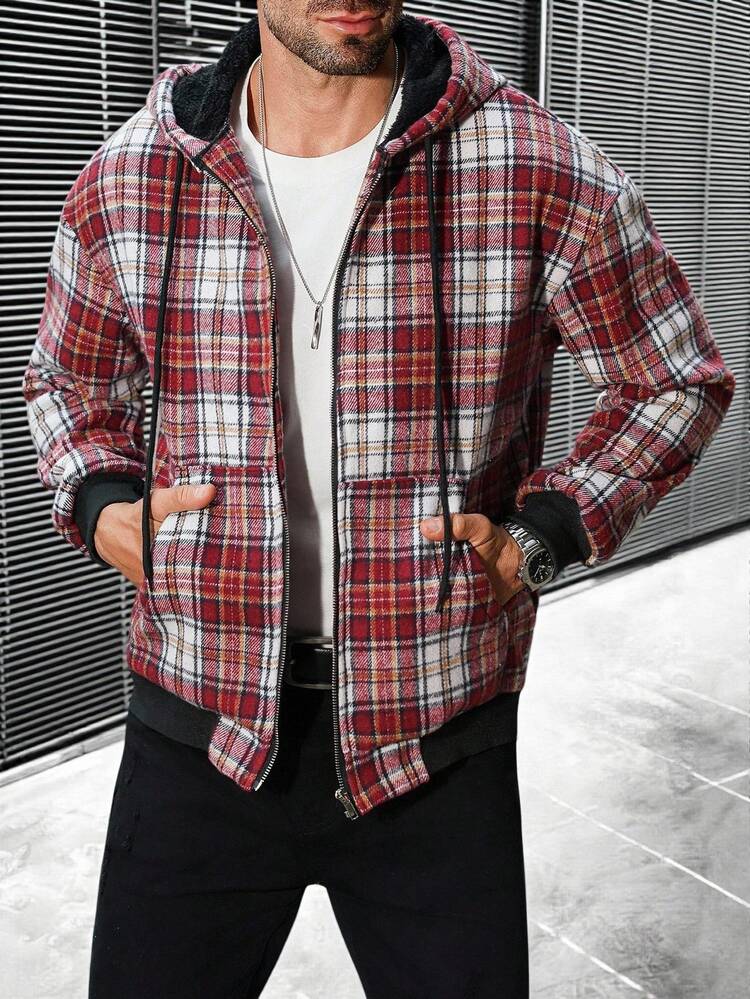 Manfinity CasualCool Men's Autumn Plaid Long Sleeve Zip Front Drawstring Hooded Jacket, Christmas - Multicolor - View 8