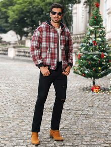 Manfinity CasualCool Men's Autumn Plaid Long Sleeve Zip Front Drawstring Hooded Jacket, Christmas - Multicolor - View 4