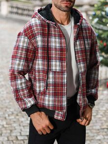 Manfinity CasualCool Men's Autumn Plaid Long Sleeve Zip Front Drawstring Hooded Jacket, Christmas - Multicolor - View 2