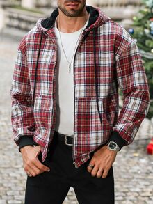 Manfinity CasualCool Men's Autumn Plaid Long Sleeve Zip Front Drawstring Hooded Jacket, Christmas - Multicolor - View 5