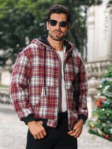 Manfinity CasualCool Men's Autumn Plaid Long Sleeve Zip Front Drawstring Hooded Jacket, Christmas - Multicolor - View 1