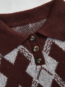 Editum Kerah Polo Diamond Grid Wanita Sweater Kasual Lengan Panjang - MultiWarna - View 10