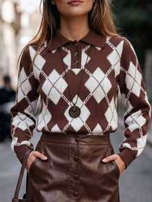 Editum Kerah Polo Diamond Grid Wanita Sweater Kasual Lengan Panjang - MultiWarna - View 2
