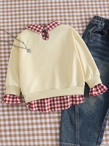 SHEIN 小女孩彩虹格紋 2 合 1 衛衣，甜美蝴蝶結印花，學院風公主仙女風百搭上衣，適合學校、7 歲生日、秋季，藍色 - 彩色 - 查看 2
