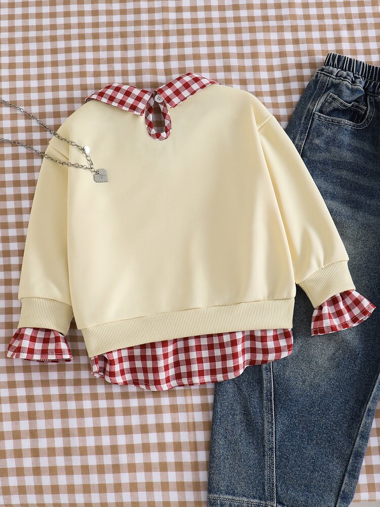 SHEIN Young Girl Rainbow And Plaid 2 In 1 Sweatshirt With Sweet Bow Print, Preppy Princess Fairy Style Versatile Top For School 7th Birthday Autumn - Multicolor - View 2
