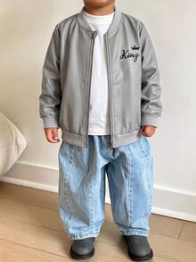 Young Boys' Faux Leather Bomber Jacket, Crown Letter Graphic Zip Up Casual Outerwear, Fall Winter - Grey - View 2