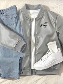 Young Boys' Faux Leather Bomber Jacket, Crown Letter Graphic Zip Up Casual Outerwear, Fall Winter - Grey - View 4