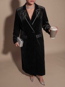 SHEIN BAE CURVE Plus Size Women's Black Velvet Long Blazer - Black - View 8