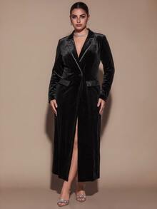 SHEIN BAE CURVE Plus Size Women's Black Velvet Long Blazer - Black - View 1