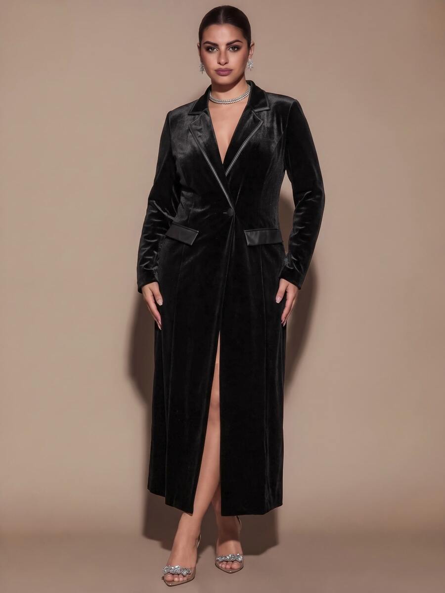 SHEIN BAE CURVE Plus Size Women's Black Velvet Long Blazer - Black - View 1