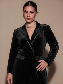 SHEIN BAE CURVE Plus Size Women's Black Velvet Long Blazer - Black - View 7