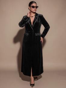 SHEIN BAE CURVE Plus Size Women's Black Velvet Long Blazer - Black - View 6