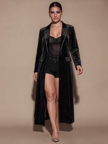 SHEIN BAE CURVE Plus Size Women's Black Velvet Long Blazer - Black - View 9