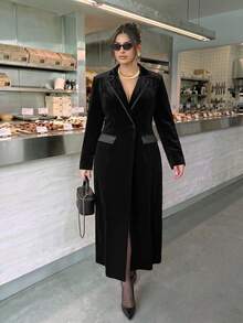 SHEIN BAE CURVE Plus Size Women's Black Velvet Long Blazer - Black - View 4
