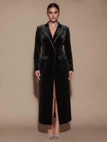 SHEIN BAE CURVE Plus Size Women's Black Velvet Long Blazer - Black - View 11